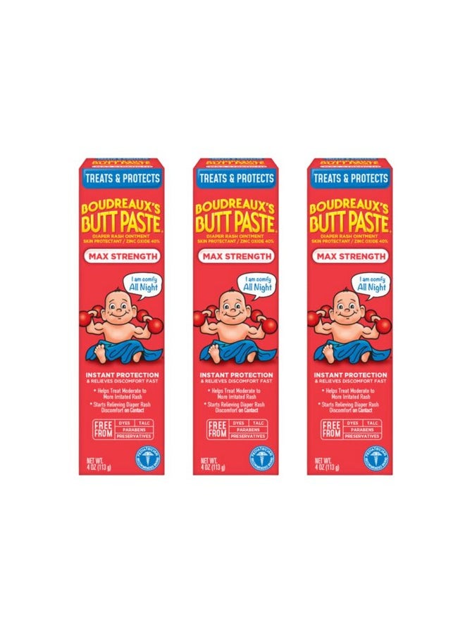 Boudreaux's Butt Paste Maximum Strength Diaper Rash Cream, Ointment for Baby, 4 oz. Tube, (Pack of 3)