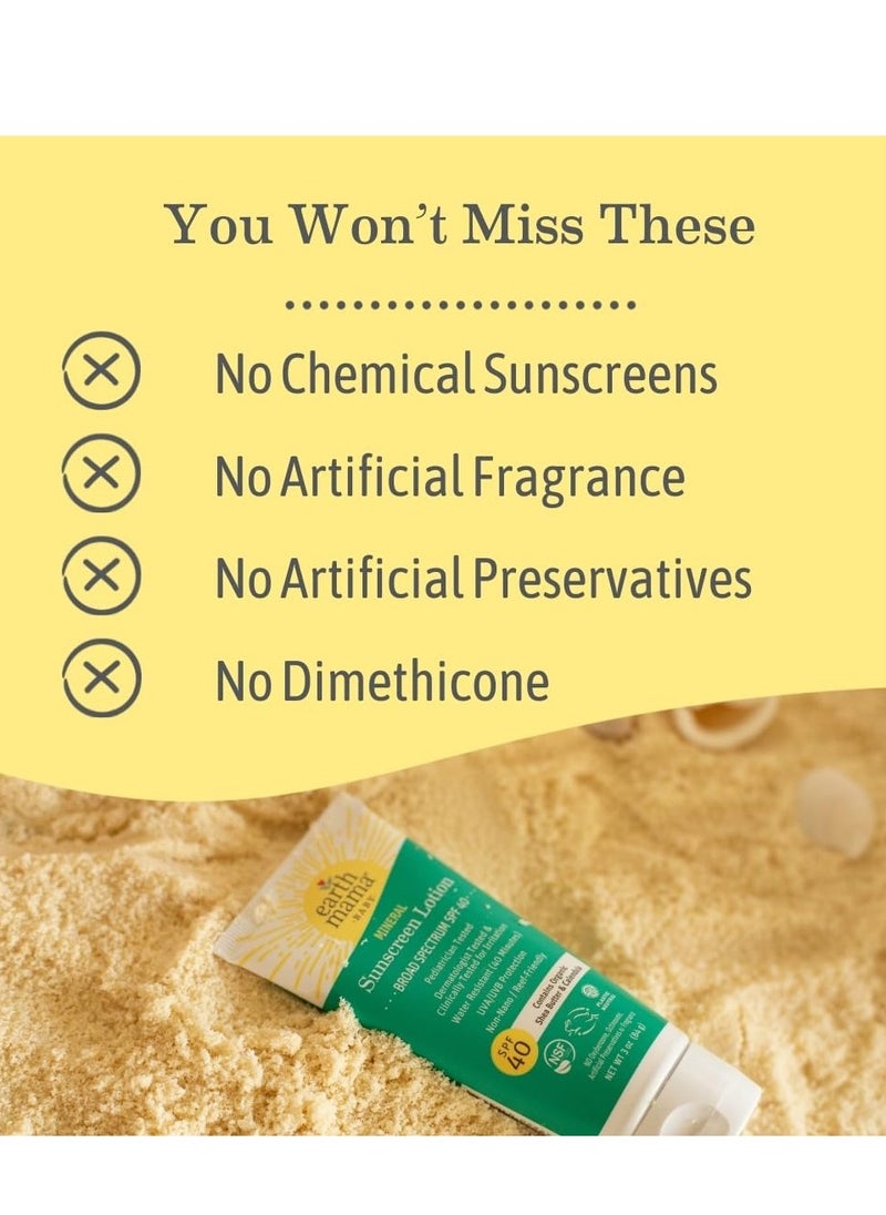 Earth Mama Baby Mineral Sunscreen Lotion SPF 40 | Reef Safe, Non-Nano Zinc, Natural Water Resistant Sun Cream for Babies, Kids & Adults, 3-Ounce