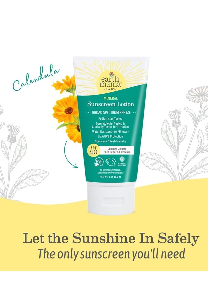 Earth Mama Baby Mineral Sunscreen Lotion SPF 40 | Reef Safe, Non-Nano Zinc, Natural Water Resistant Sun Cream for Babies, Kids & Adults, 3-Ounce