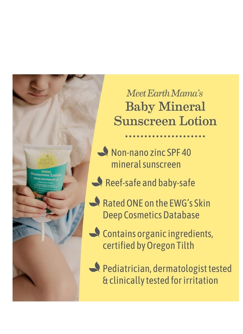 Earth Mama Baby Mineral Sunscreen Lotion SPF 40 | Reef Safe, Non-Nano Zinc, Natural Water Resistant Sun Cream for Babies, Kids & Adults, 3-Ounce