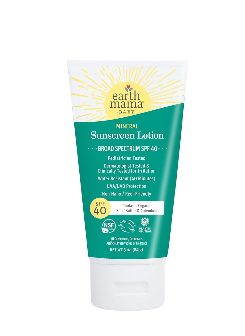 Earth Mama Baby Mineral Sunscreen Lotion SPF 40 | Reef Safe, Non-Nano Zinc, Natural Water Resistant Sun Cream for Babies, Kids & Adults, 3-Ounce