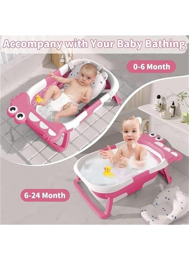 Durku Collapsible Baby Bathtub for Infants to Toddler with Real-time Temp Monitor&Floating Cushion,Foldable Baby Bath Tub Set Applicable 0-36 Month,Perfect Baby Tub for Newborns Baby (Pink)