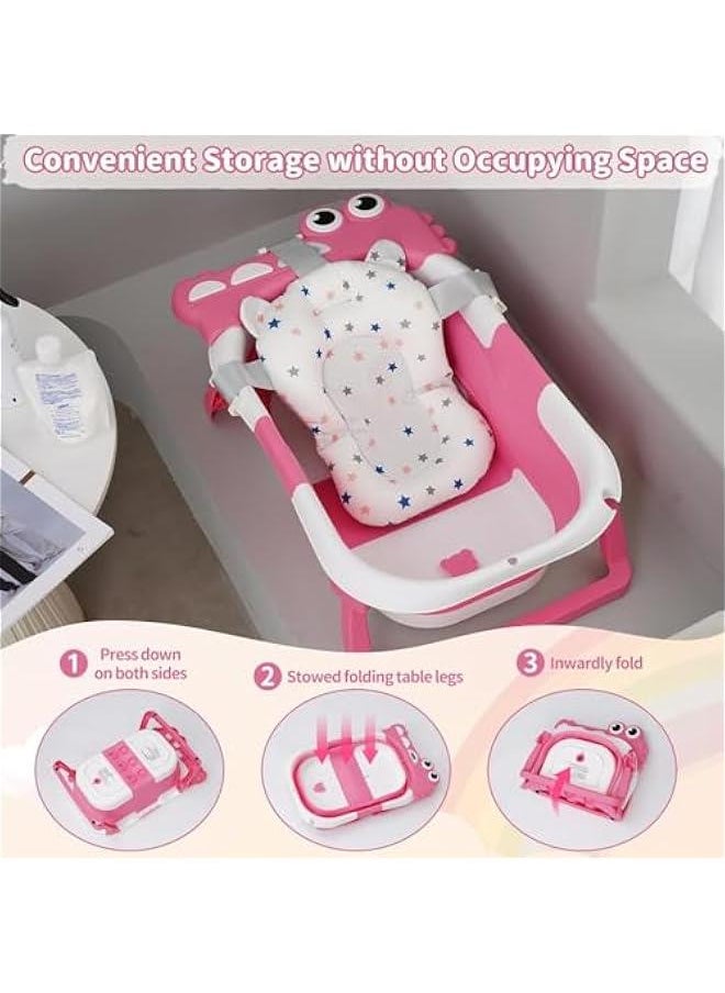 Durku Collapsible Baby Bathtub for Infants to Toddler with Real-time Temp Monitor&Floating Cushion,Foldable Baby Bath Tub Set Applicable 0-36 Month,Perfect Baby Tub for Newborns Baby (Pink)