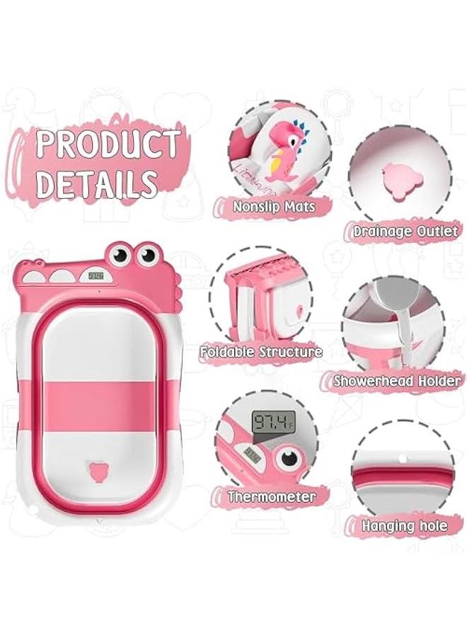 Durku Collapsible Baby Bathtub for Infants to Toddler with Real-time Temp Monitor&Floating Cushion,Foldable Baby Bath Tub Set Applicable 0-36 Month,Perfect Baby Tub for Newborns Baby (Pink)