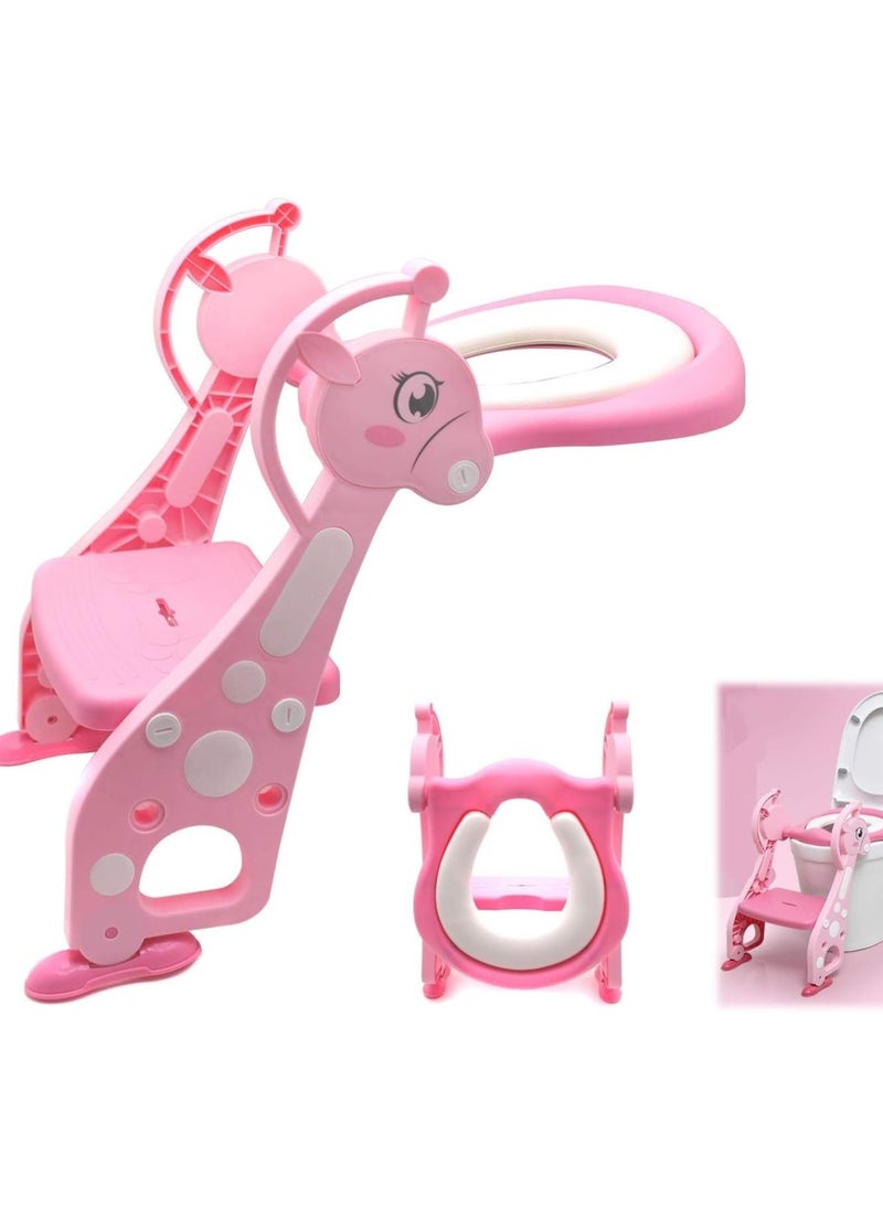 Pink Dream Toilet Trainer Deer Pattern Adjustable Toilet Seat with Ladder with Step Stool up Toilet Ladder Chair for Toddlers Anti Slip Toilet Training Step