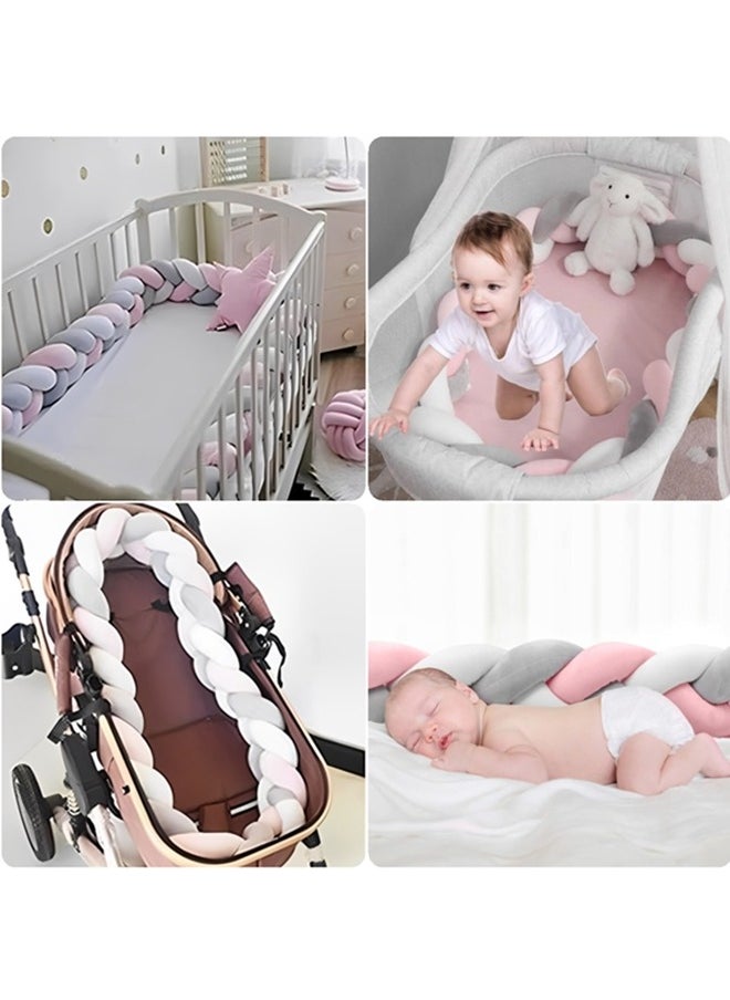 Baby Braided Crib Bumper,3 Strand Braided Pillows Anti-Collision Bed Rail,Braid Pillows Cushion,Cotton Soft Knot Pillow Baby Bed Cushion Protector Baby Bumpers(White+Pink+Gray)