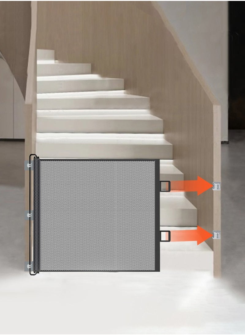 Children's retractable mesh baby safety door, pet fence, baby fence barrier pet door, expandable to a width of 110 centimeters, dog door | children's baby door staircase, doorway | children's baby safety door, magic dog door, portable folding safety pet staircase door protective isolation net with reinforced hooks and poles, entrance kitchen elastic dog door
