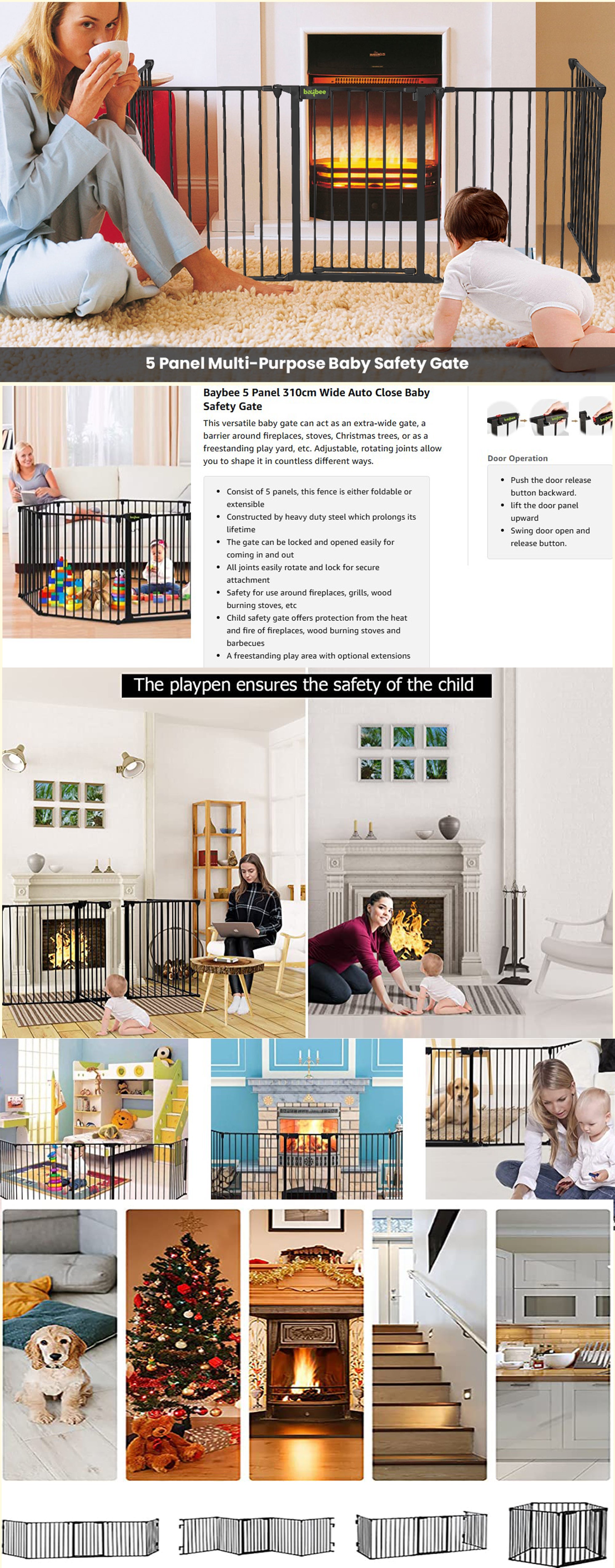 Baby Safety Gate Adjustable Metal Barrier Fence For Babies Kids Pets Dogs Ideal For Openings Stairs Doorways Foldable Playpen D110 x H74 cm Grey