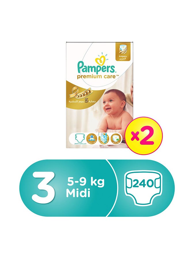 Premium Care Midi Diapers, Double Mega Pack, Size 3 (5-9 kg), 240 Count