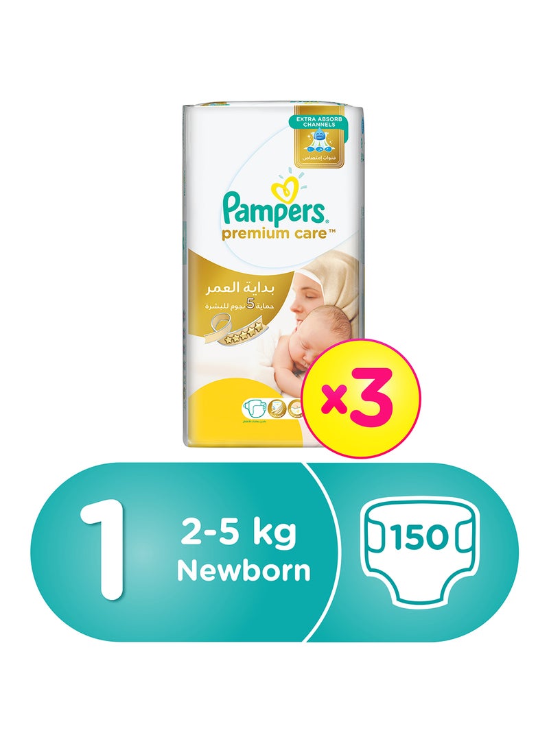 Premium Care Diapers, Size 1, Newborn, 2-5 kg, Triple Value Pack, 150 Count