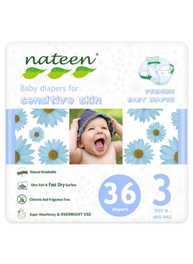 Nateen Premium Baby Diapers, Overnight Use Disposable Diapers for Sensitive Skin, Ultra Thin Diapers with Comfortable Fit. Size 3 (Medium), 36, Count.