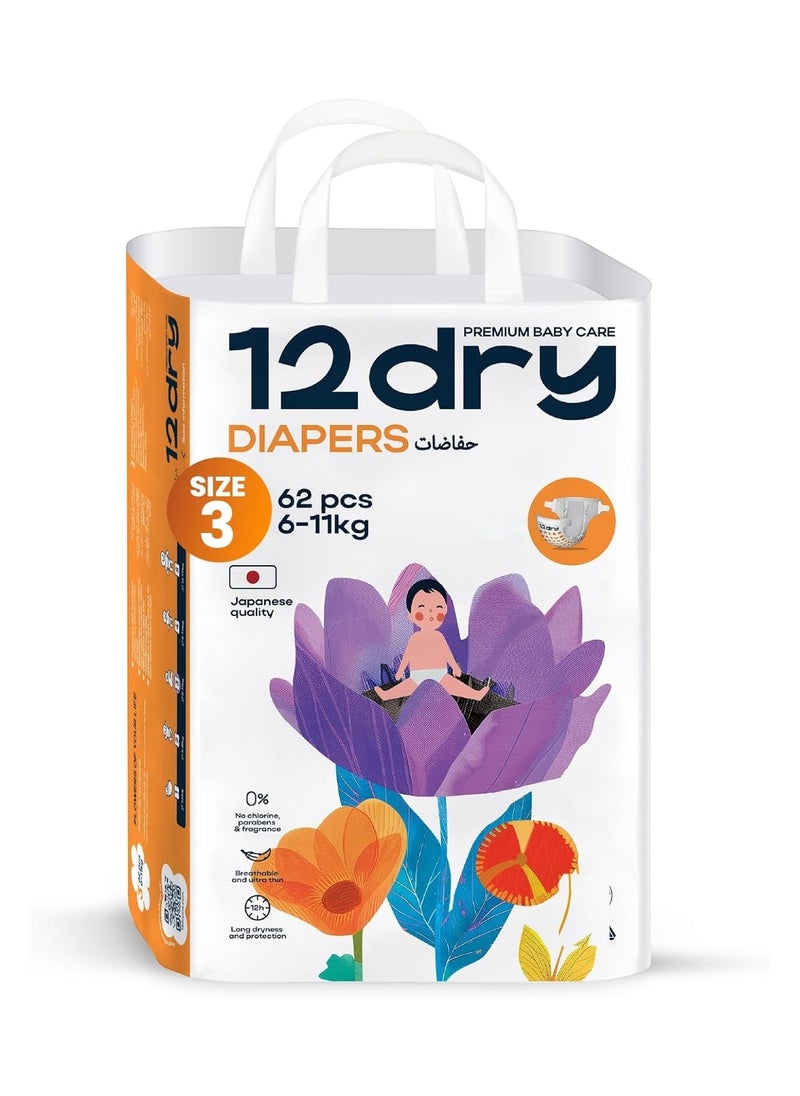 Diaper (Size 3, 62, count) – Premium Baby Care, 100% Ultra-Absorbent Japanese Tech, Dual-Layer, Thin & Breathable, Eco-Friendly, Hypoallergenic, Soft Elastic Waistband for Active Babies