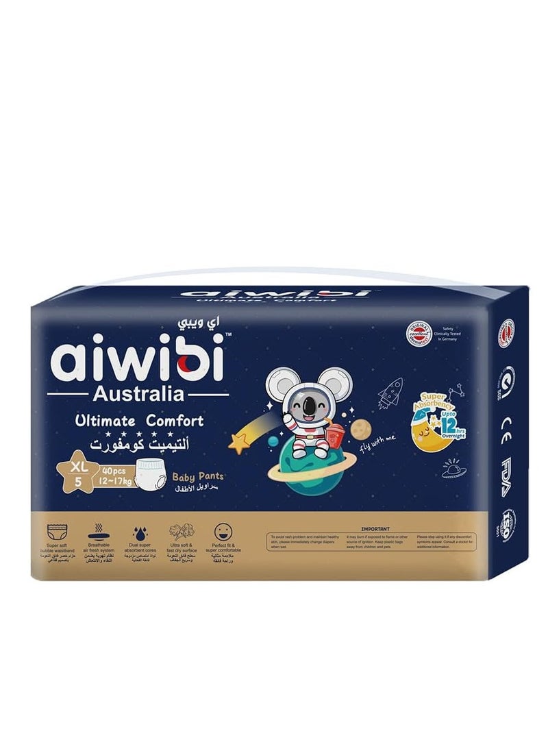 Aiwibi Ultimate Comfort Night Plus Baby Pants, Size 5 - XL (12-17kg) 40 Pcs