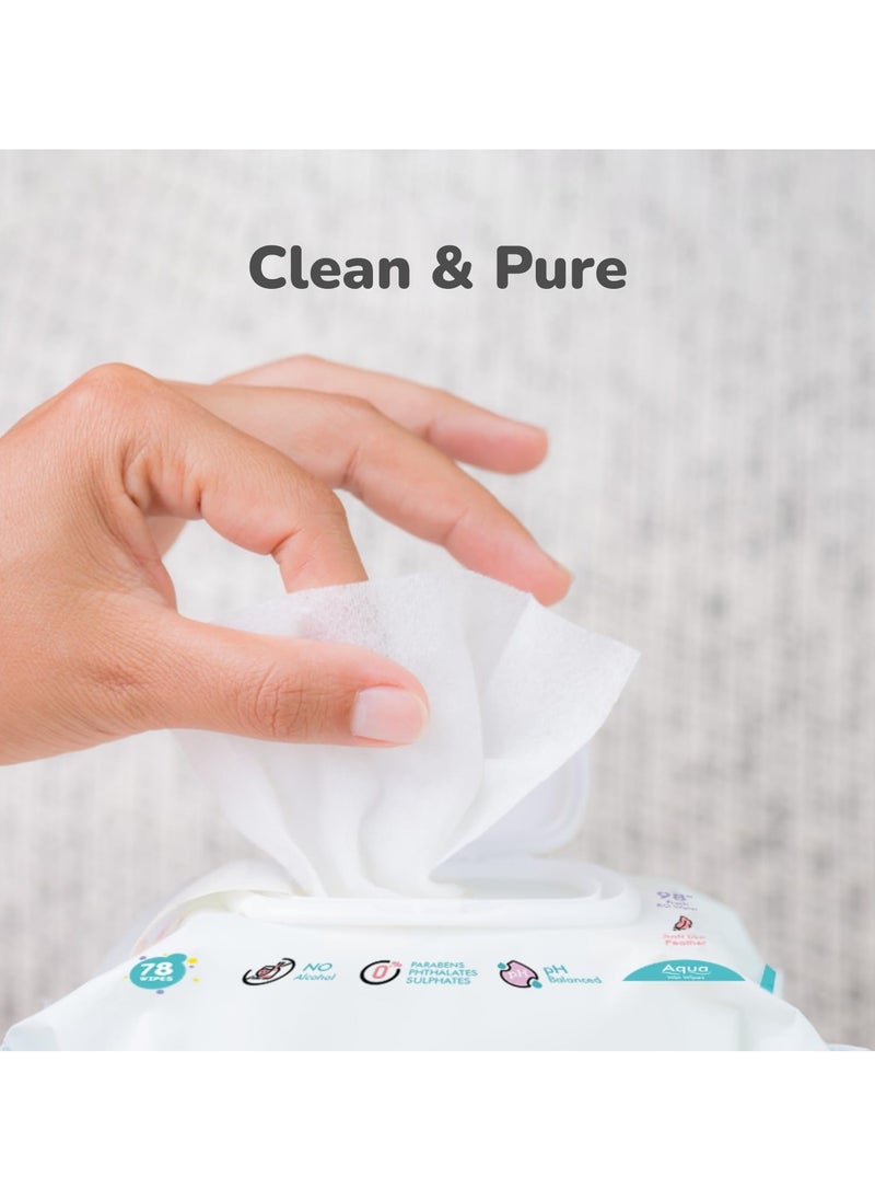 Feather Aqua Baby Wipes Pure Water Wet Wipes with Lid Combo Pack 312 Units 4 Packs