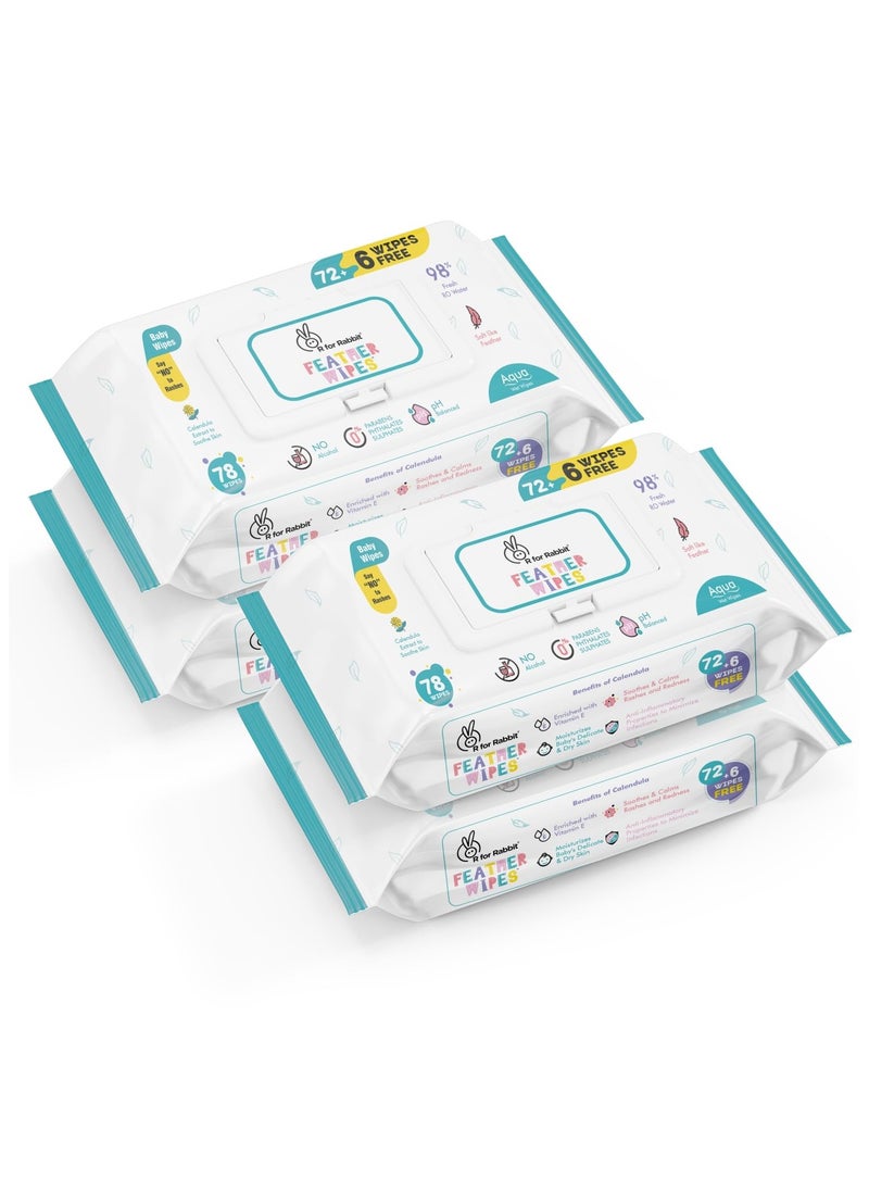 Feather Aqua Baby Wipes Pure Water Wet Wipes with Lid Combo Pack 312 Units 4 Packs