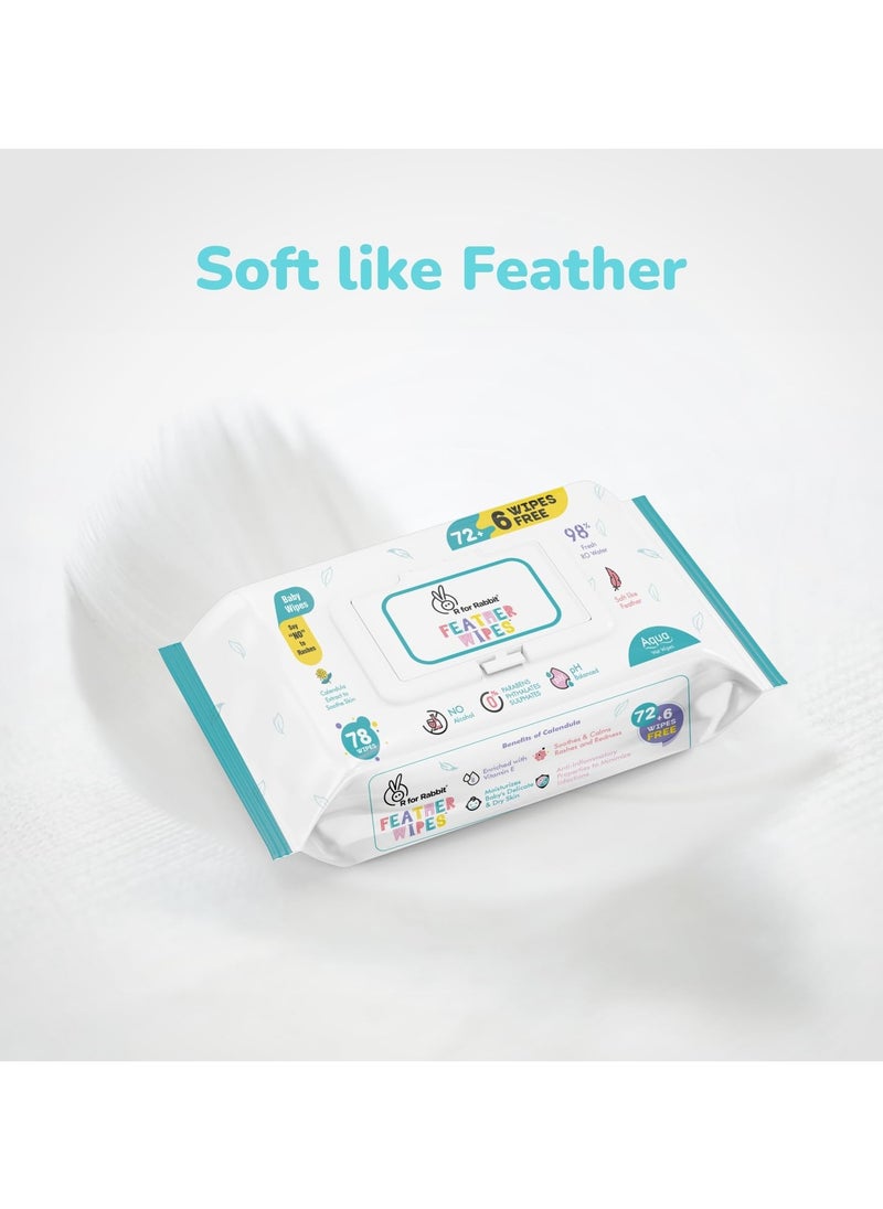Feather Aqua Baby Wipes Pure Water Wet Wipes with Lid Combo Pack 312 Units 4 Packs
