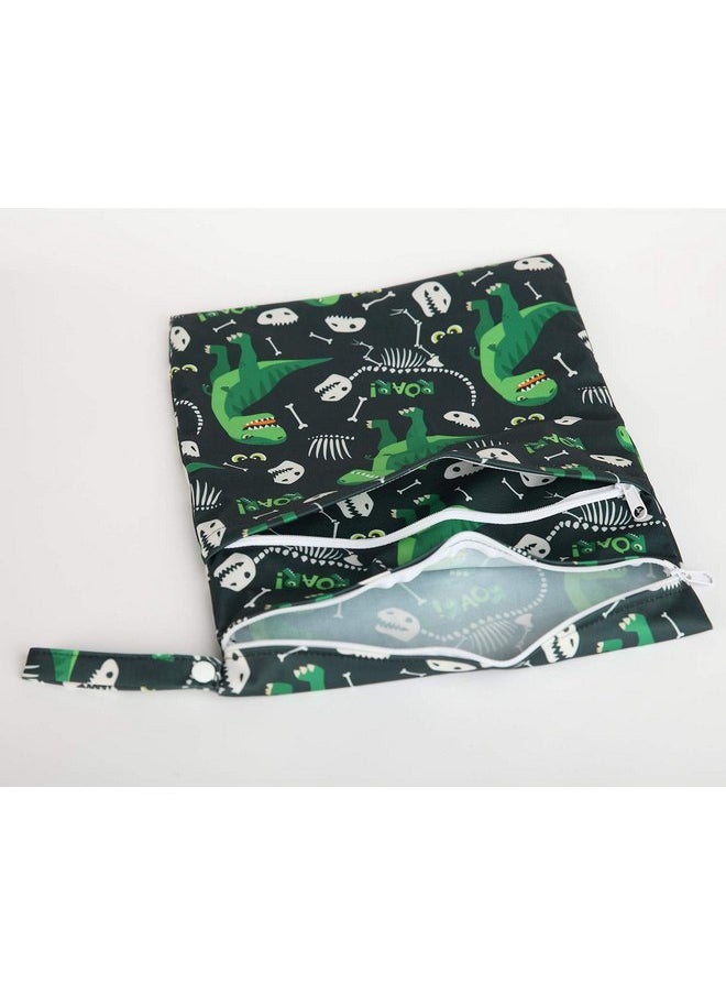 Sigzagor Wet Bag Baby Cloth Diaper Nappy Bag Reusable With Two Zippered Pockets Boys (Green Dinosaur)