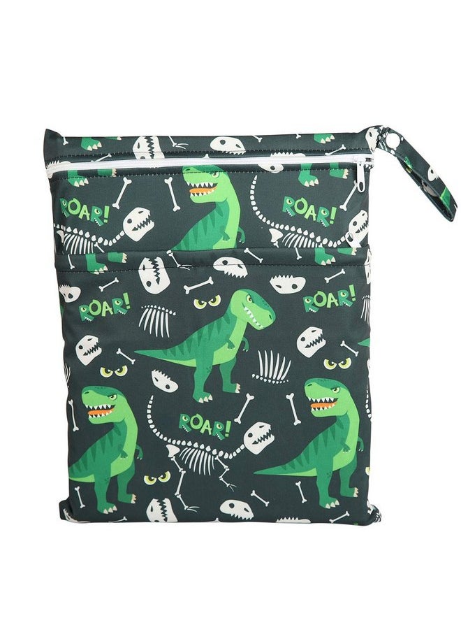 Sigzagor Wet Bag Baby Cloth Diaper Nappy Bag Reusable With Two Zippered Pockets Boys (Green Dinosaur)