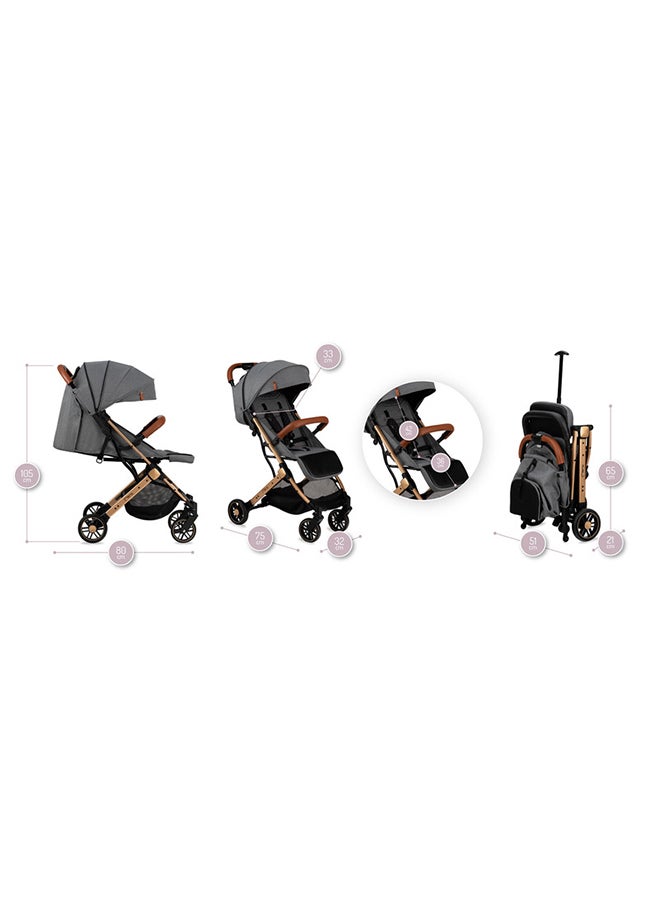 Estelle Gold is a Premium Baby Stroller Featuring a Golden Frame, A Spacious Basket, Five-Point Safety Belts, Easy Maneuverability, And Shock Absorption for Age 6+ Months - Grey