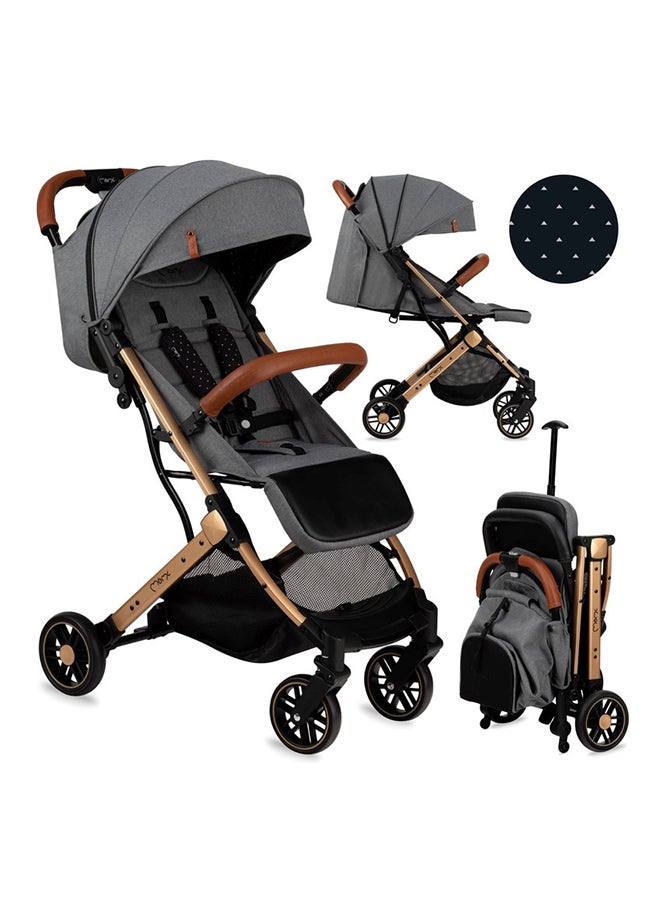 Estelle Gold is a Premium Baby Stroller Featuring a Golden Frame, A Spacious Basket, Five-Point Safety Belts, Easy Maneuverability, And Shock Absorption for Age 6+ Months - Grey