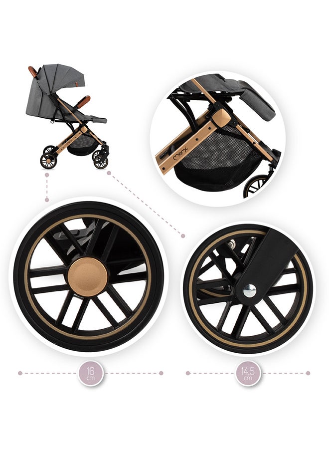 Estelle Gold is a Premium Baby Stroller Featuring a Golden Frame, A Spacious Basket, Five-Point Safety Belts, Easy Maneuverability, And Shock Absorption for Age 6+ Months - Grey