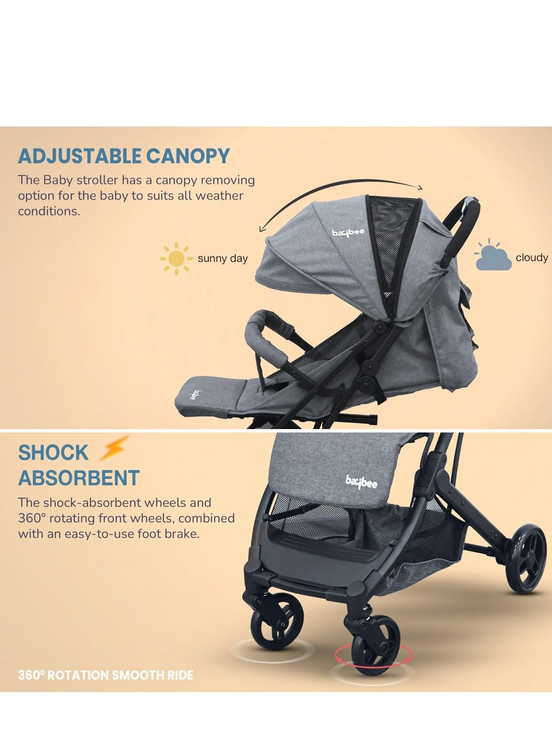 Foldable Cabin Baby Stroller Pram for Baby with 3-Position Adjustable Seat, Metal Frame & Canopy, Bassinet, Parent Handle, 5 Point Safety Belt, Stroller for Kids Toddler 0 to 3 Years Boy Girl Grey