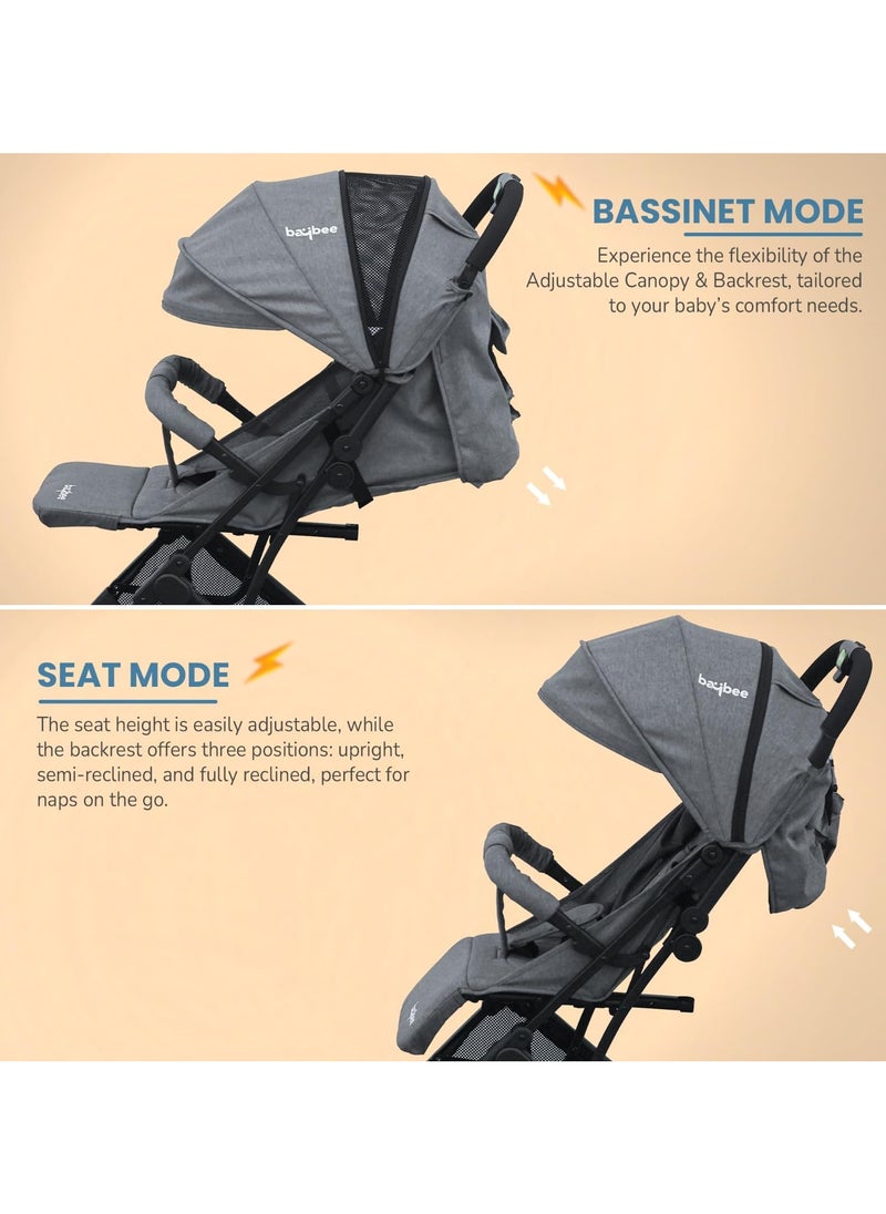Foldable Cabin Baby Stroller Pram for Baby with 3-Position Adjustable Seat, Metal Frame & Canopy, Bassinet, Parent Handle, 5 Point Safety Belt, Stroller for Kids Toddler 0 to 3 Years Boy Girl Grey