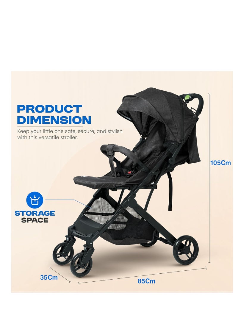 Foldable Cabin Baby Stroller Pram for Baby with 3-Position Adjustable Seat, Metal Frame & Canopy, Bassinet, Parent Handle, 5 Point Safety Belt, Stroller for Kids Toddler 0 to 3 Years Boy Girl Black
