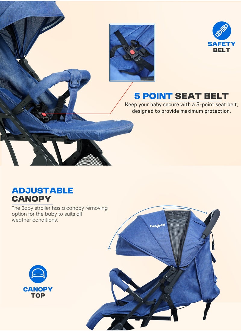 Foldable Cabin Baby Stroller Pram for Baby with 3-Position Adjustable Seat, Metal Frame & Canopy, Bassinet, Parent Handle, 5 Point Safety Belt, Stroller for Kids Toddler 0 to 3 Years Boy Girl Blue