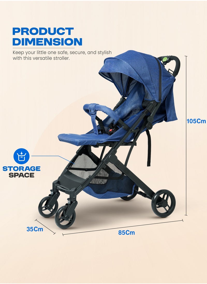 Foldable Cabin Baby Stroller Pram for Baby with 3-Position Adjustable Seat, Metal Frame & Canopy, Bassinet, Parent Handle, 5 Point Safety Belt, Stroller for Kids Toddler 0 to 3 Years Boy Girl Blue