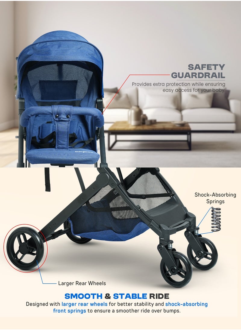 Foldable Cabin Baby Stroller Pram for Baby with 3-Position Adjustable Seat, Metal Frame & Canopy, Bassinet, Parent Handle, 5 Point Safety Belt, Stroller for Kids Toddler 0 to 3 Years Boy Girl Blue