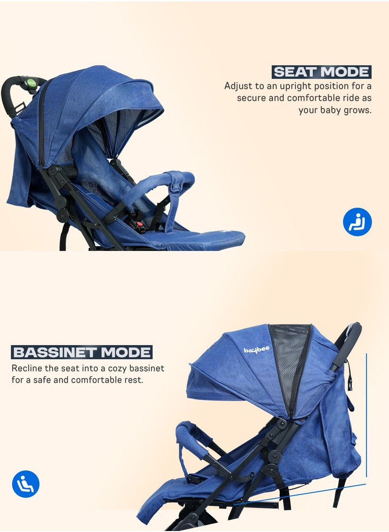 Foldable Cabin Baby Stroller Pram for Baby with 3-Position Adjustable Seat, Metal Frame & Canopy, Bassinet, Parent Handle, 5 Point Safety Belt, Stroller for Kids Toddler 0 to 3 Years Boy Girl Blue