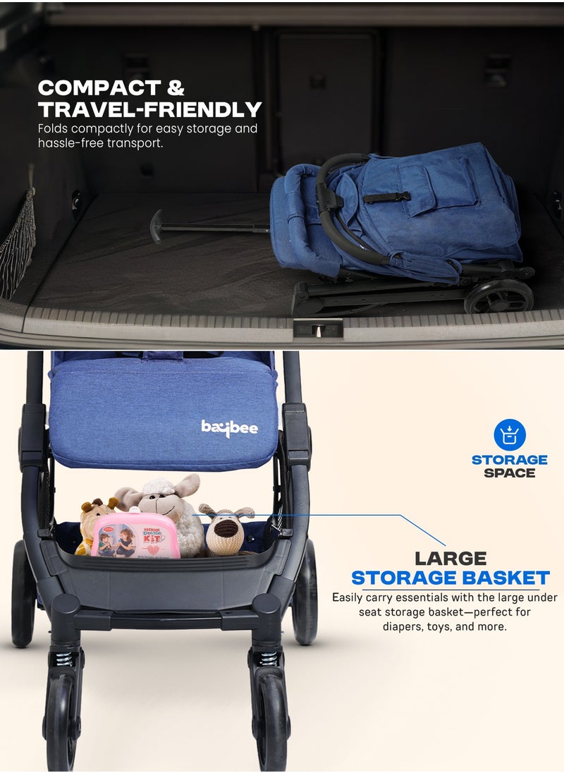 Foldable Cabin Baby Stroller Pram for Baby with 3-Position Adjustable Seat, Metal Frame & Canopy, Bassinet, Parent Handle, 5 Point Safety Belt, Stroller for Kids Toddler 0 to 3 Years Boy Girl Blue
