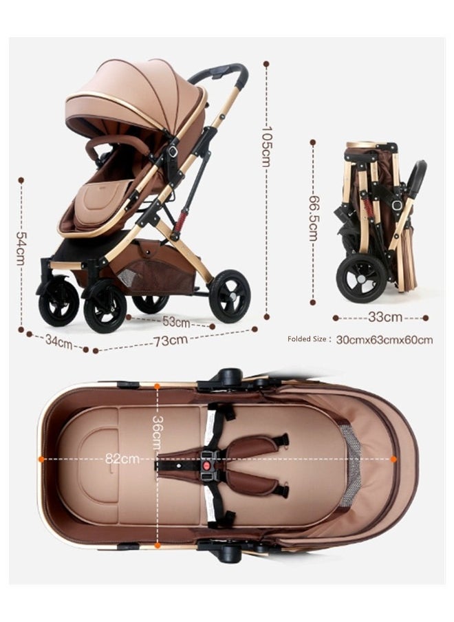 High Landscape Fold Baby Stroller With Rubber Wheels - Khaki