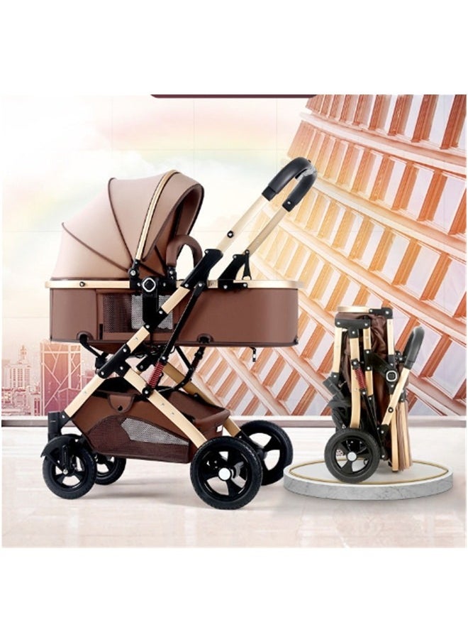 High Landscape Fold Baby Stroller With Rubber Wheels - Khaki
