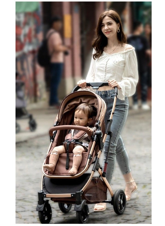 High Landscape Fold Baby Stroller With Rubber Wheels - Khaki