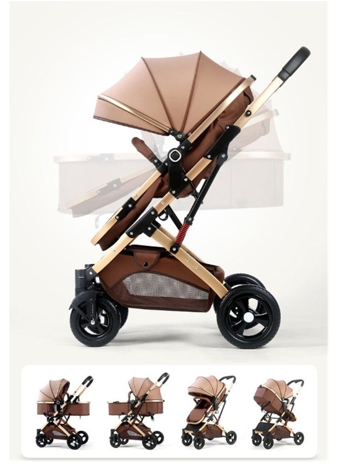 High Landscape Fold Baby Stroller With Rubber Wheels - Khaki