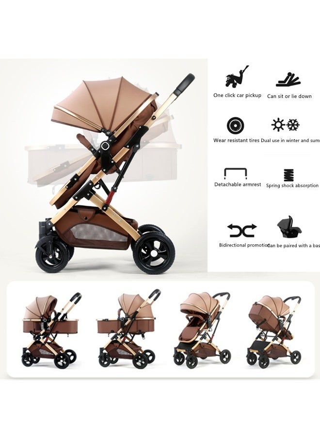 High Landscape Fold Baby Stroller With Rubber Wheels - Khaki