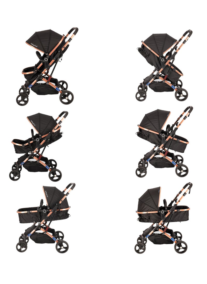 Multifunctional Luxury Pram with 6 Adjustable Positions| Easy Foldable, Lightweight, Safety Harness and Canopy with UV Protection | Portable Baby Stroller Ideal for  Babies and Toddlers Ages 0-4, BLACK