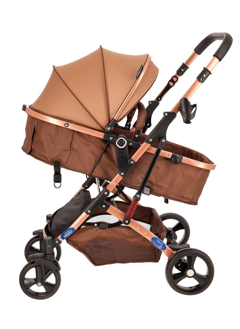 Multifunctional Luxury Baby Stroller Pram | Lightweight, Foldable, Portable Travel Stroller with Safety Harness, UV Protection Canopy, 6 Adjustable Reclining Positions | Durable Design for Newborns & Toddlers (0-4 Years) BROWN