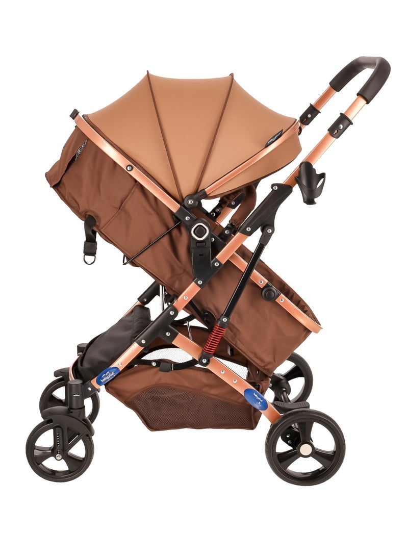 Multifunctional Luxury Baby Stroller Pram | Lightweight, Foldable, Portable Travel Stroller with Safety Harness, UV Protection Canopy, 6 Adjustable Reclining Positions | Durable Design for Newborns & Toddlers (0-4 Years) BROWN