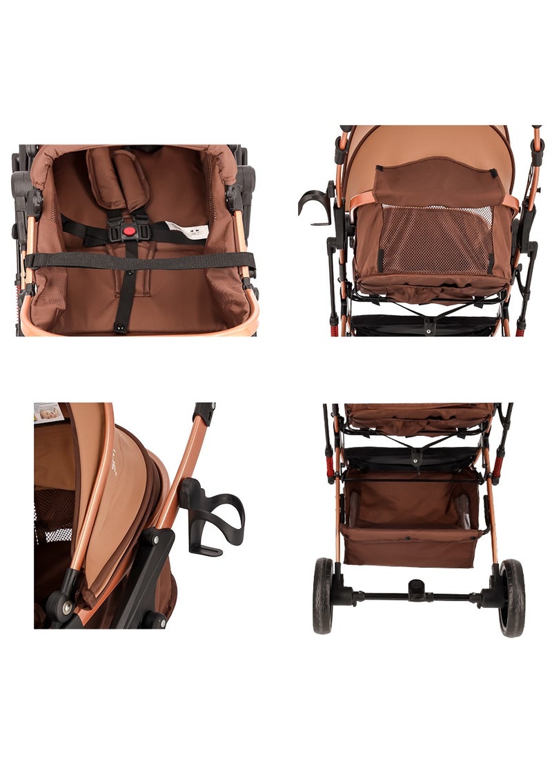 Multifunctional Luxury Baby Stroller Pram | Lightweight, Foldable, Portable Travel Stroller with Safety Harness, UV Protection Canopy, 6 Adjustable Reclining Positions | Durable Design for Newborns & Toddlers (0-4 Years) BROWN