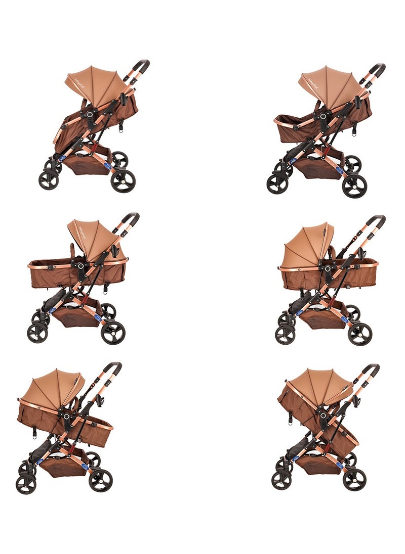 Multifunctional Luxury Baby Stroller Pram | Lightweight, Foldable, Portable Travel Stroller with Safety Harness, UV Protection Canopy, 6 Adjustable Reclining Positions | Durable Design for Newborns & Toddlers (0-4 Years) BROWN