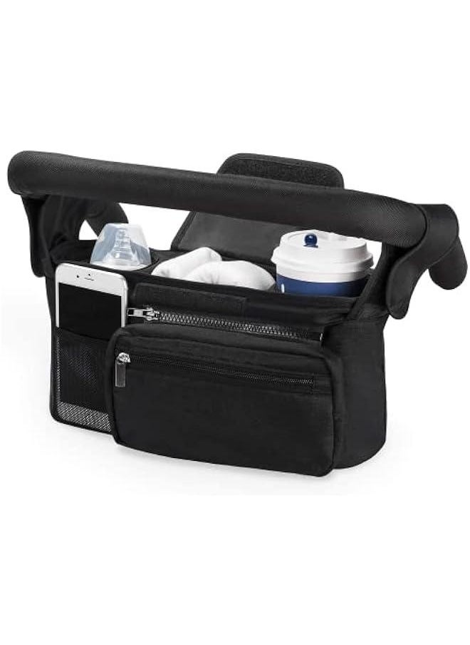 Stroller Organizer: Insulated Cup Holder, Phone Bag, Shoulder Strap. Fits Uppababy, Baby Jogger, Britax, BOB, Umbrella, Pet Strollers. Color: Black.