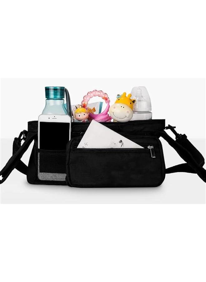 Stroller Organizer: Insulated Cup Holder, Phone Bag, Shoulder Strap. Fits Uppababy, Baby Jogger, Britax, BOB, Umbrella, Pet Strollers. Color: Black.