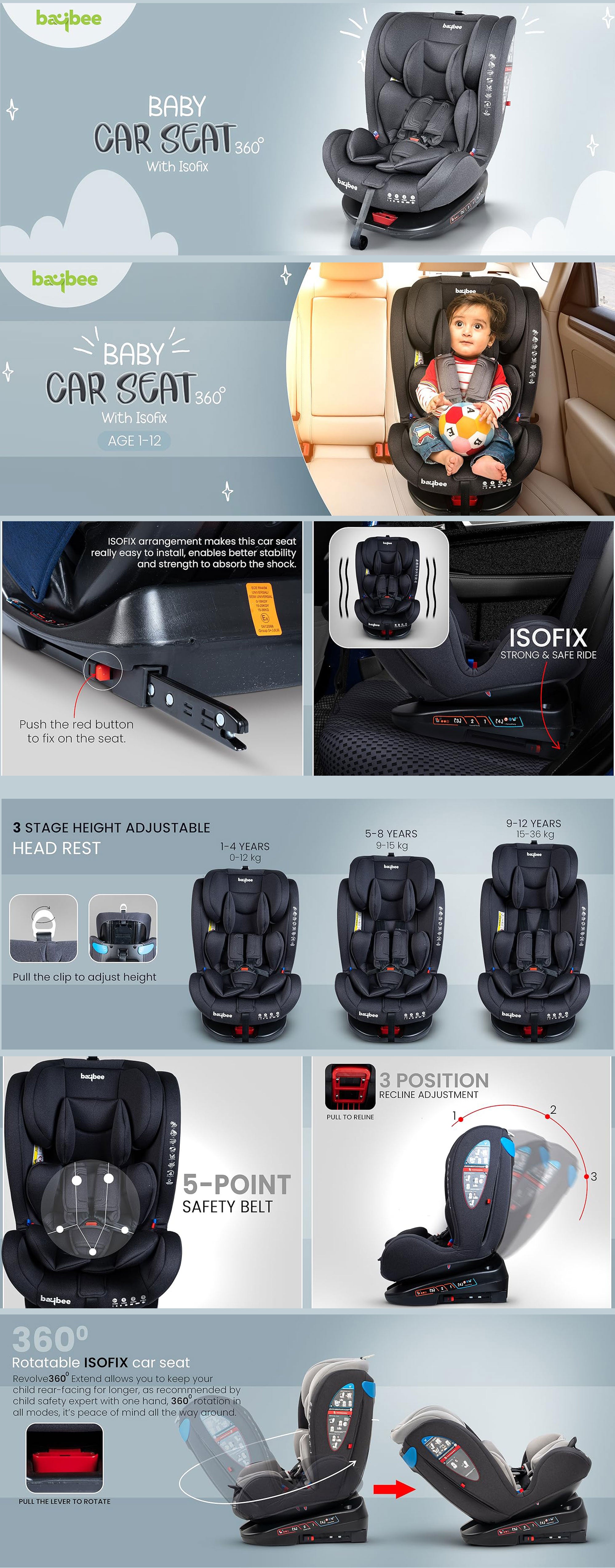 Convertible Car Seat for Baby 0 to 12 Years with 360° Rotatable, ISOFIX, 3 Position Recline, Headrest Adjustable ECE R44/04 Safety Certified Baby Car Seat for Toddlers Kids Boys Girls Grey