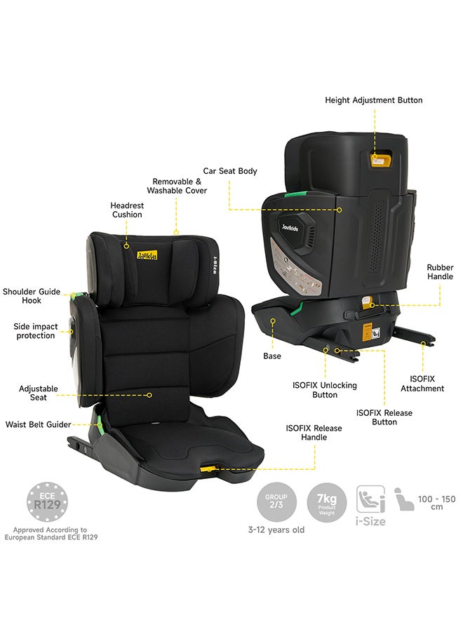 Cabin Size Portable Rober i-Size Booster Seat With ISOFIX, 100 - 150 CM (Approx. 3 To 12 Years), Adjustbale Height And Width, Compact And Folding, ECE R129, Black