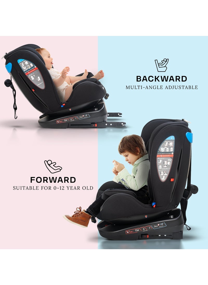 Convertible Car Seat for Baby 0 to 12 Years with 360° Rotatable, ISOFIX, 3 Position Recline, Headrest Adjustable ECE R44/04 Safety Certified Baby Car Seat for Toddlers Kids Boys Girls Pure Black