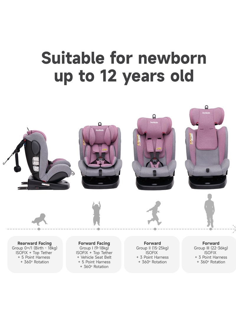 Angela Safety Baby Car Seat with Isofix and Top Tether, 360 Degree Swivel Child Seat, Rotating Carseat for Group 0/1/2/3, 0-12 Years Old, ECE R44/04, Pink