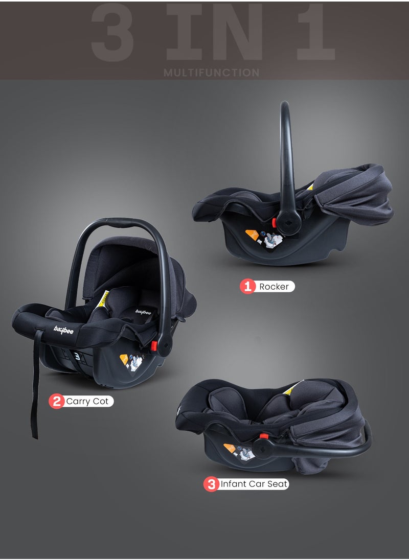 3 in 1 Multi Purpose Baby Carry Cot n Car Seat with Handle, Canopy, Adjustable Handle, 3 Point Safety Belt Rocker for Infant Baby Carry Cot for New Born Baby 0 to 15 Months Black